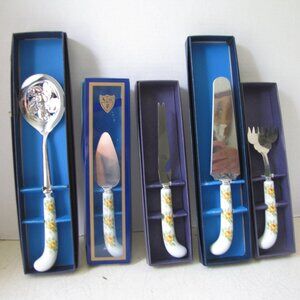 Vintage 5 Piece Serving Set House of Prill Sheffield Yellow Rose Pattern NIB